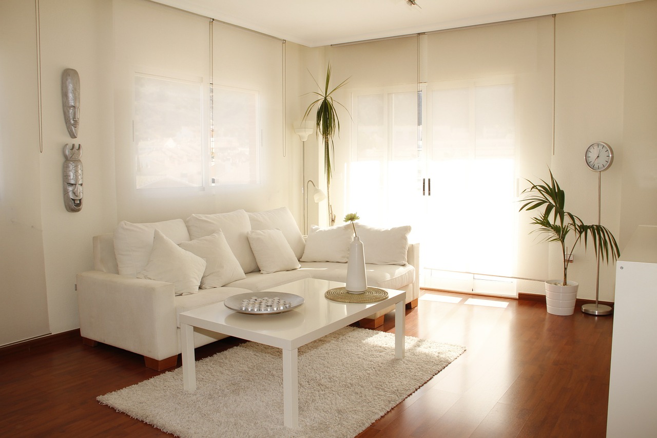 A well-lit and tidy living room featuring a large white sofa with cushions, a white coffee table on a fluffy rug, wooden flooring, and green plants that add a touch of nature. A wall clock and minimalist decorations complete this cozy and modern space